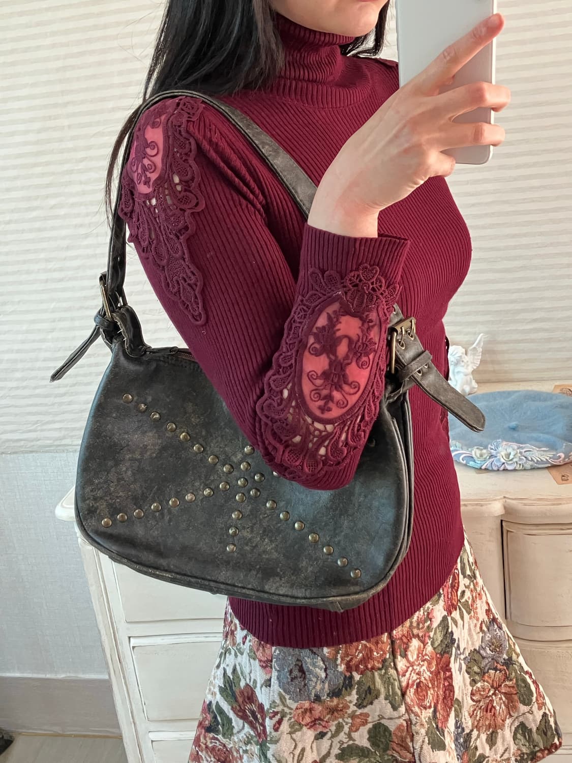 jpn vintage 레드와인 자수 디테일 골지 니트 y2k 스트릿 갸루 상품이미지1