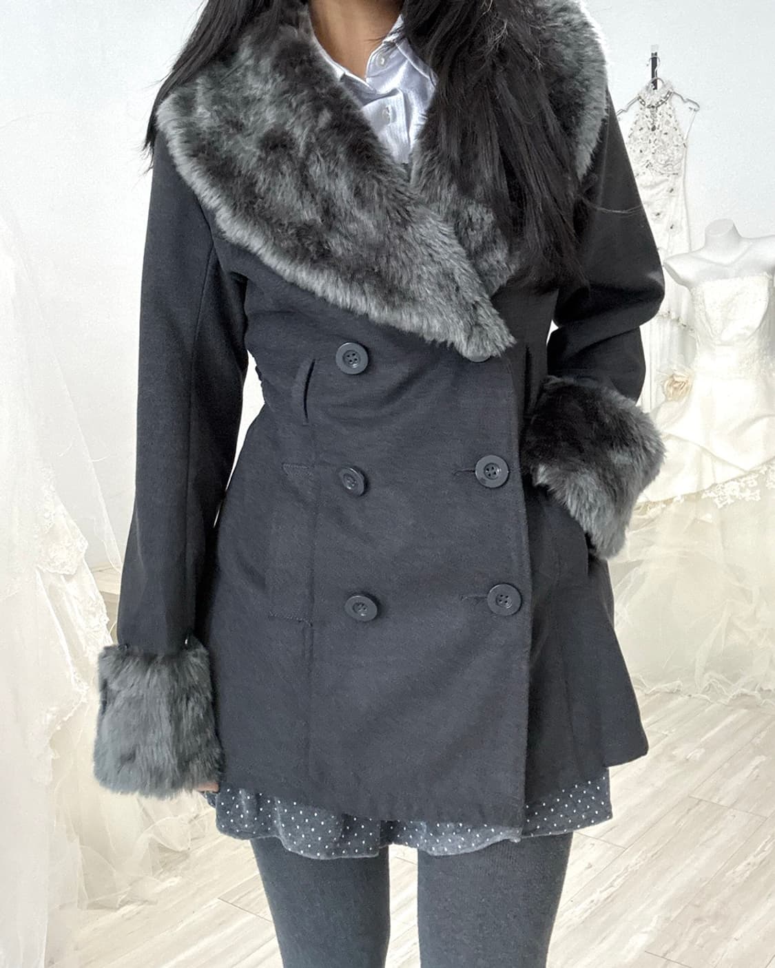 Charcoal Fur-Trim Double-Button Coat 상품이미지2