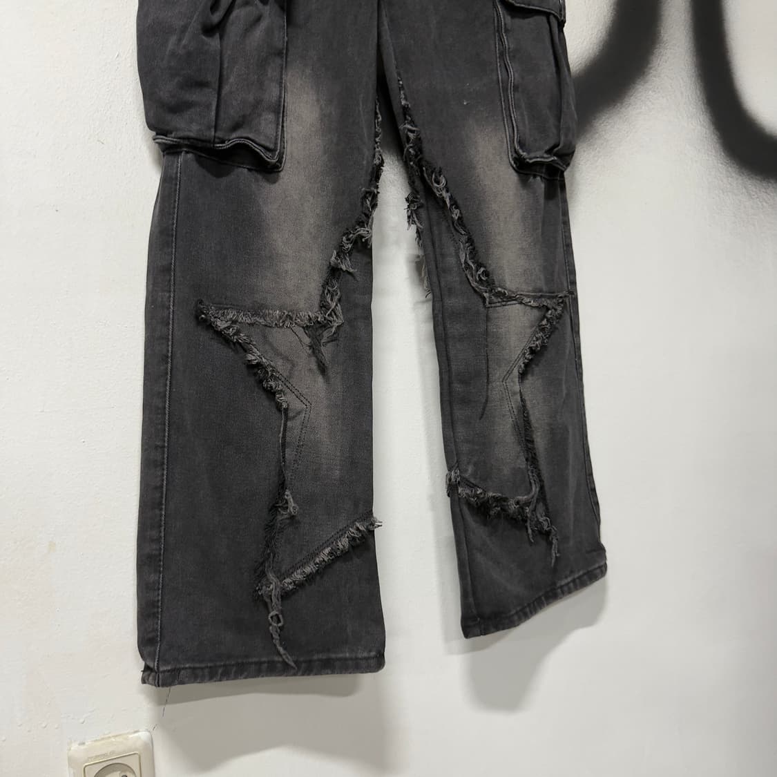 VTG 빈티지 흑청 그런지 스타 패치 와이드 카고 데님 팬츠 상품이미지3