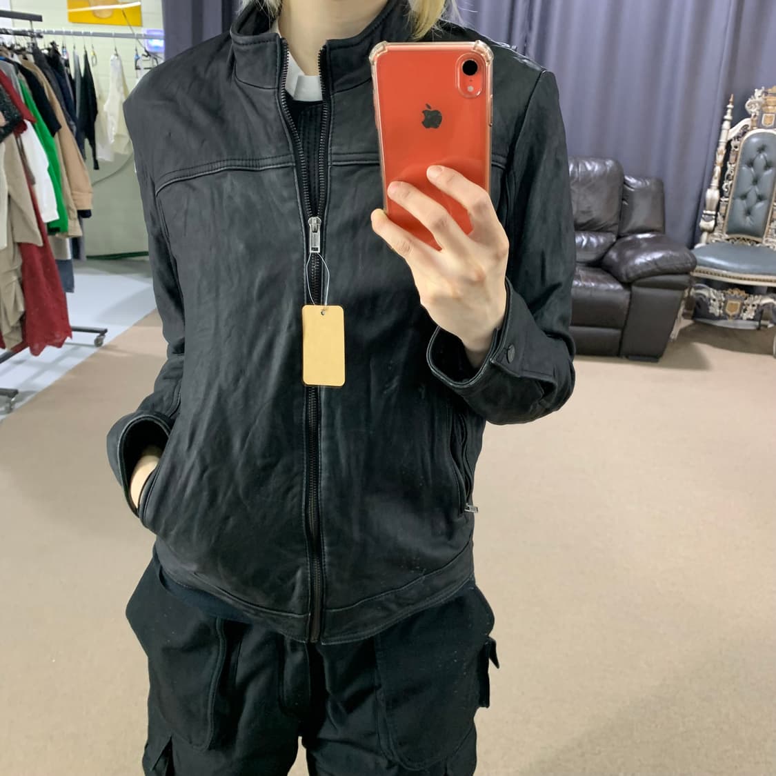 빈티지 리얼레더 지퍼 무광 양가죽 노카라 집업 자켓 95 M 남녀공용 상품이미지2