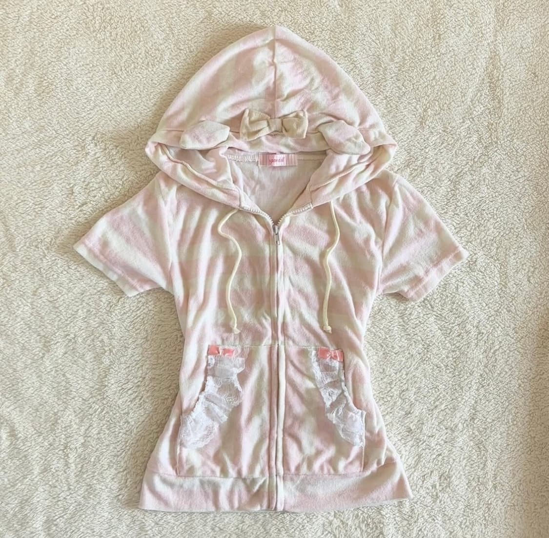 슈가돌 네코미미 리본 딸기우유 스트라이프 반팔 후드 상품이미지1