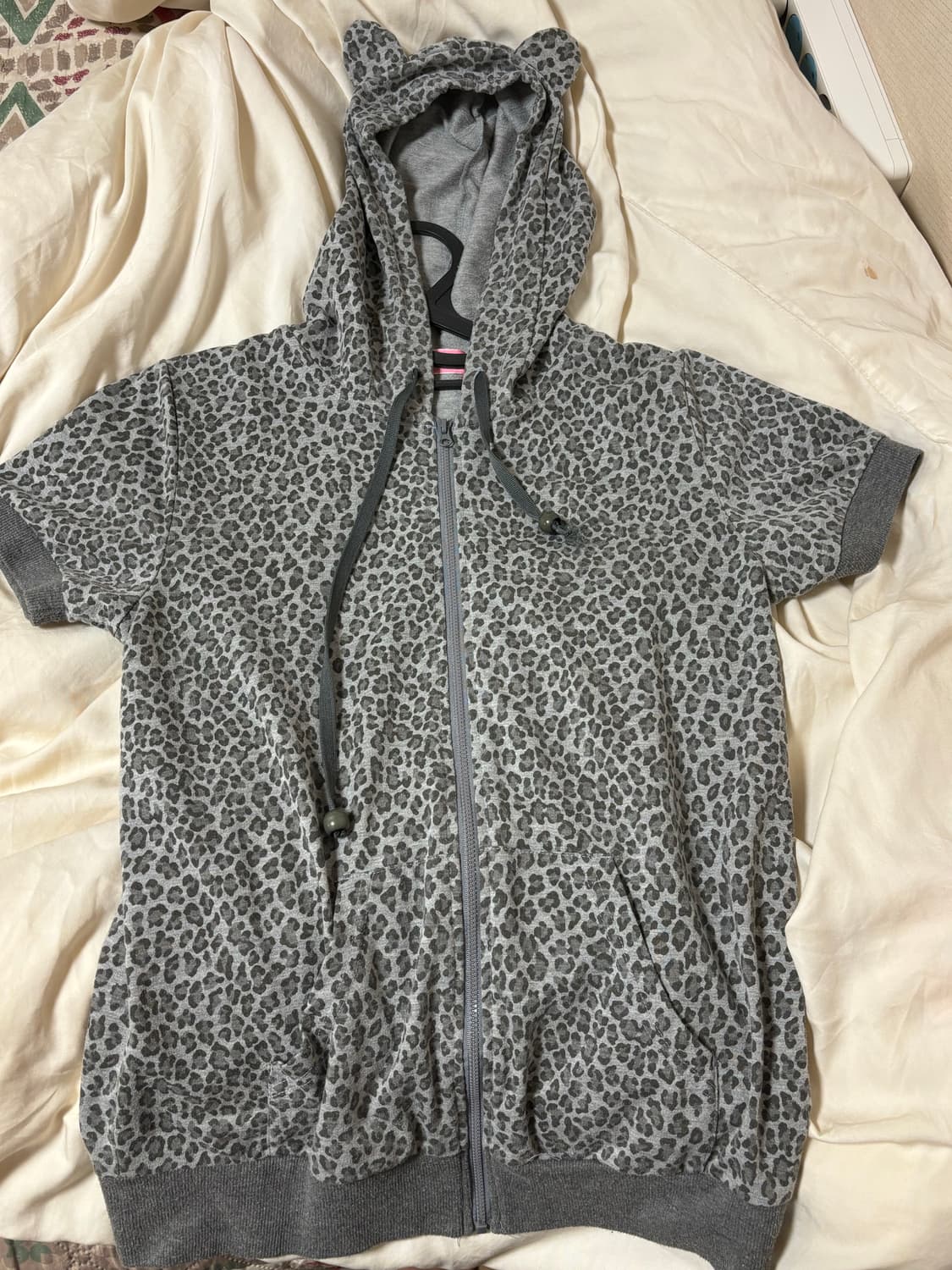 갸루 레오파드 호피 쿠마미미 동물귀 반팔 후드집업 그레이 히메 상품이미지1