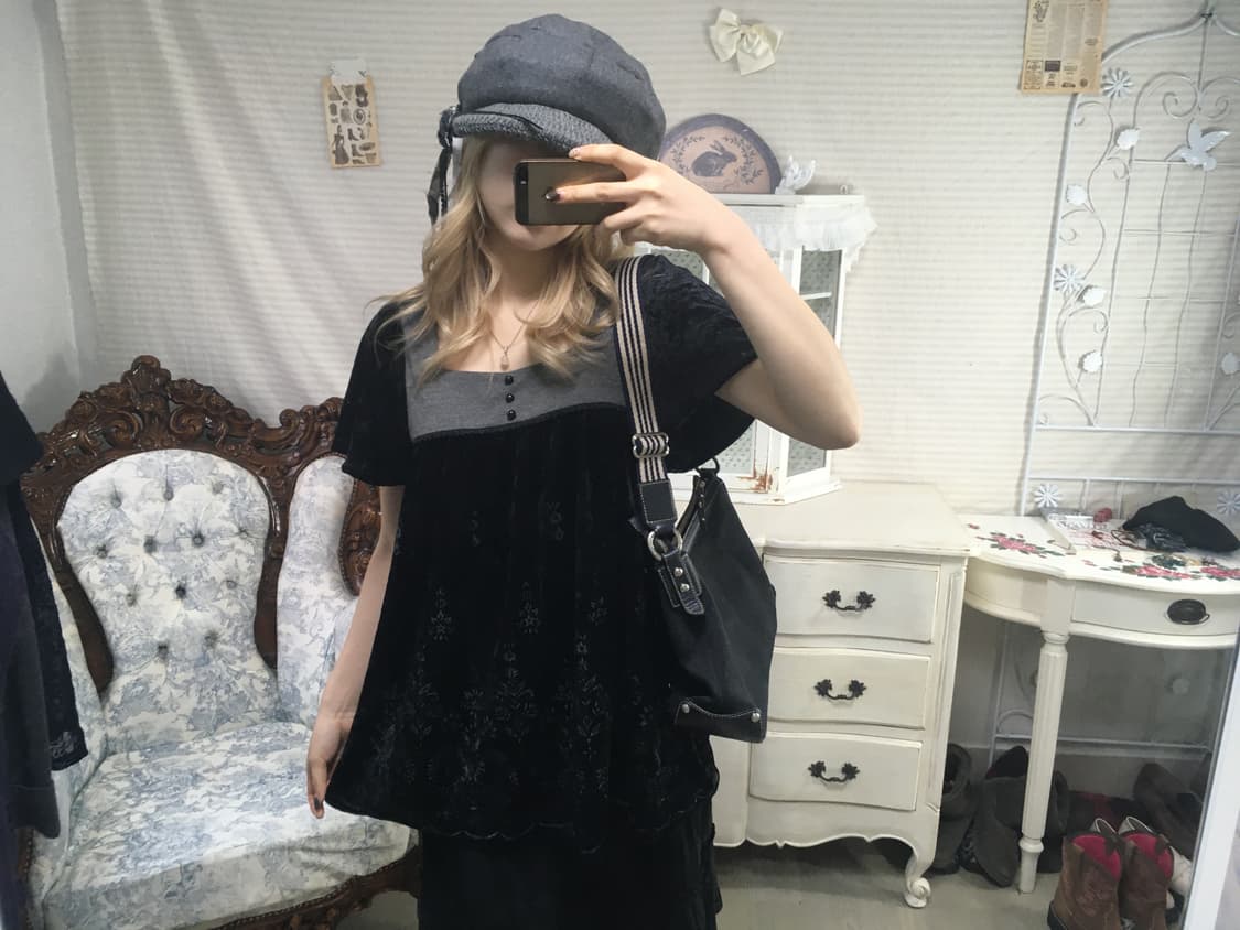 jpn vintage black antique velour blouse 상품이미지3