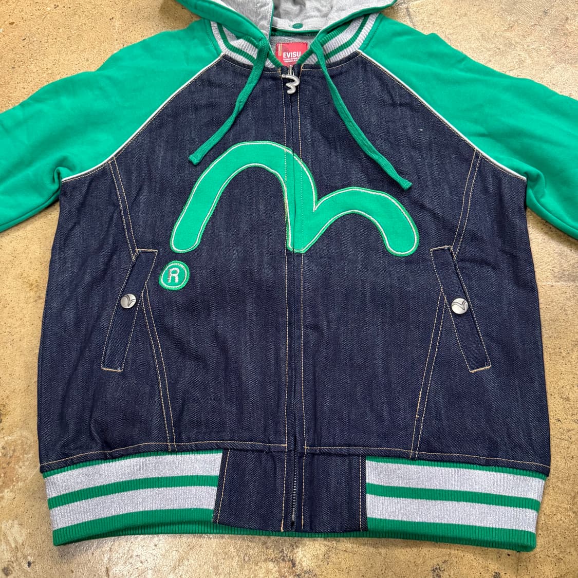 에비수 올드스쿨 배색 그린 데님 바시티 자켓 상품이미지3