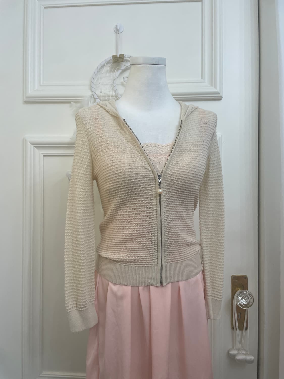 EF-DE ivory pearl charm knit zip-up&cora 상품이미지4