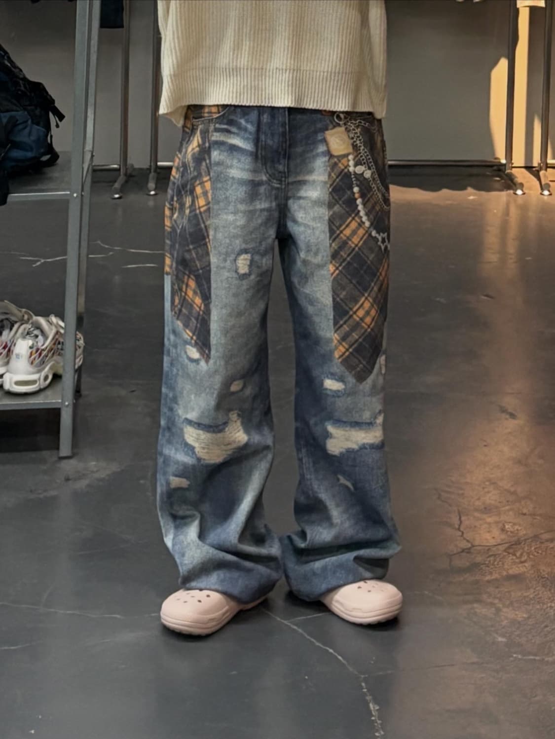빈티지 y2k 프린팅 체크무늬 데님팬츠 A3091 상품이미지1