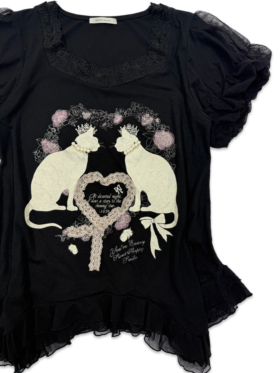 빈티지 Axes Femme 블랙 프릴 고양이 티셔츠 상품이미지2