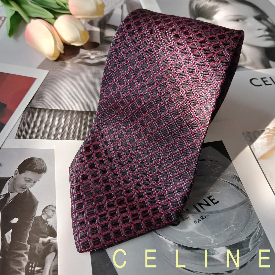 셀린느 실크 와인 다이아 패턴 넥타이 8.8cm A+~A등급 A19826 상품이미지3