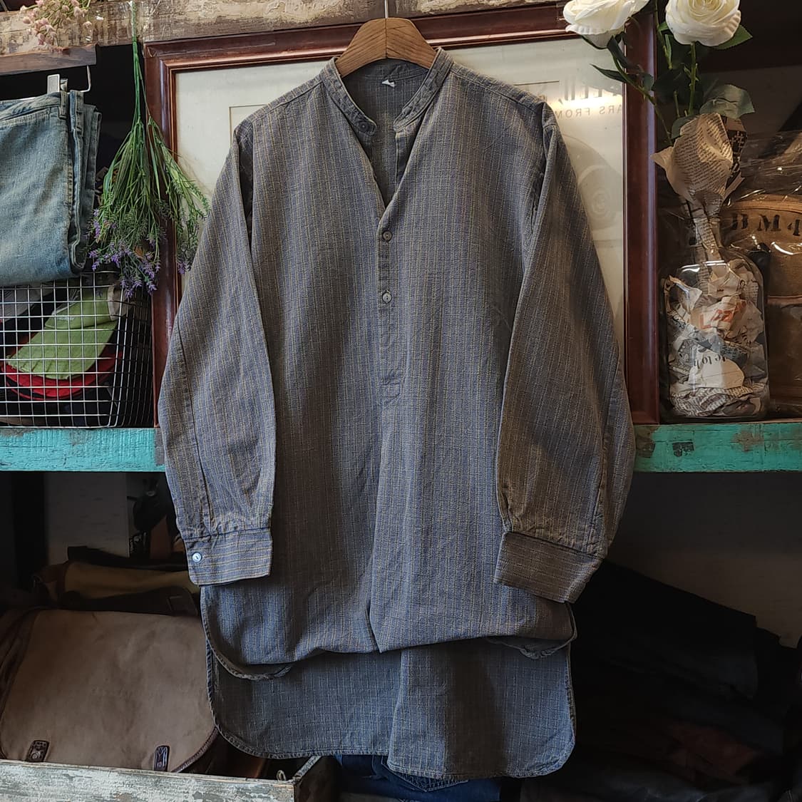 60s 프랑스 워크셔츠 헤비코튼 프렌치 셔츠 퍼플 그레이 롱 튜닉 셔츠L 상품이미지2