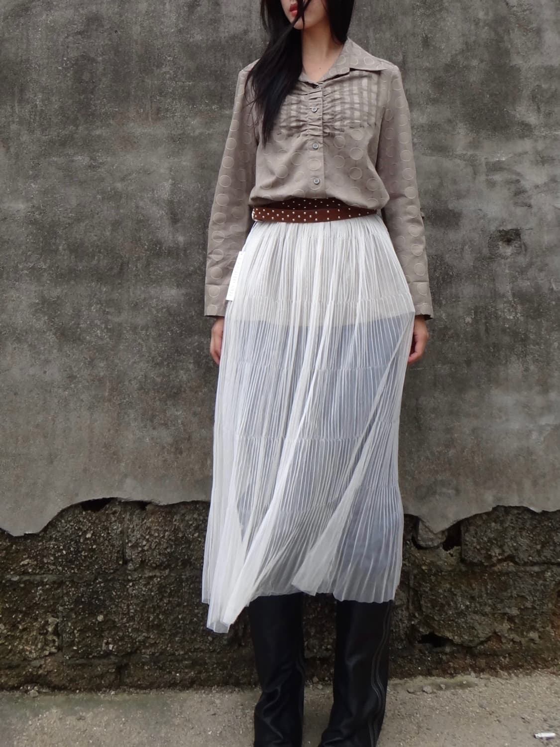 Dot frill detailed shirt jacket / brown 상품이미지2