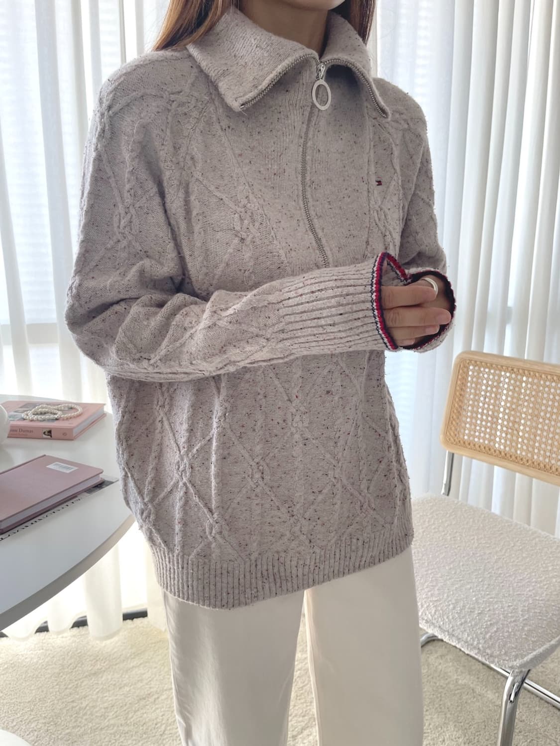 S) 타미힐피거 보카시 하프집업 케이블 니트 베이지 상품이미지7