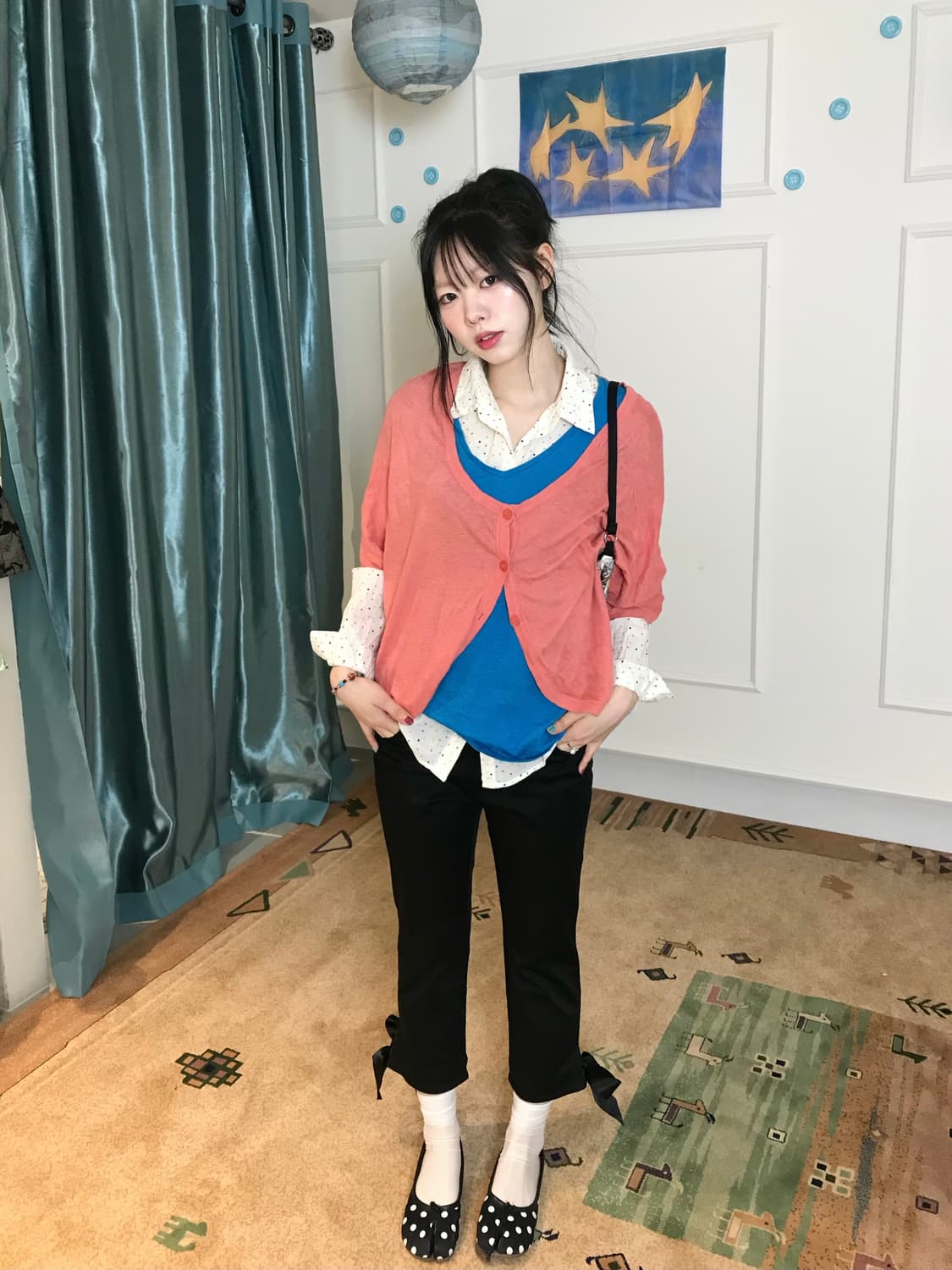 쨍한 블루 반팔 레이어드에 코랄 핑크 가디건 포인트 코디🎀 상품이미지3