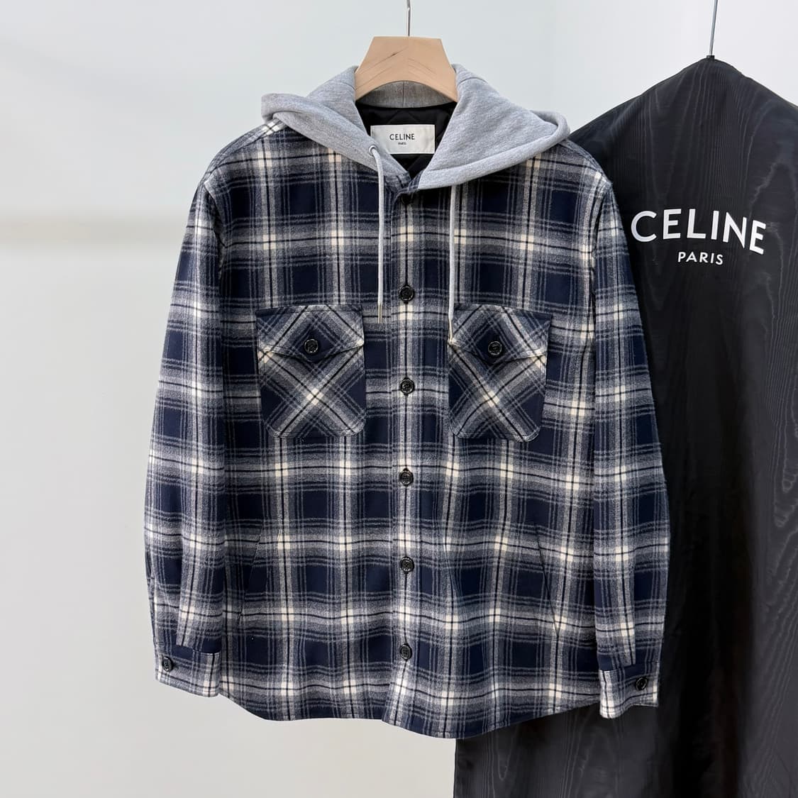 [S+급/50] 셀린느 체크 코튼 후드 오버셔츠 자켓 상품이미지3