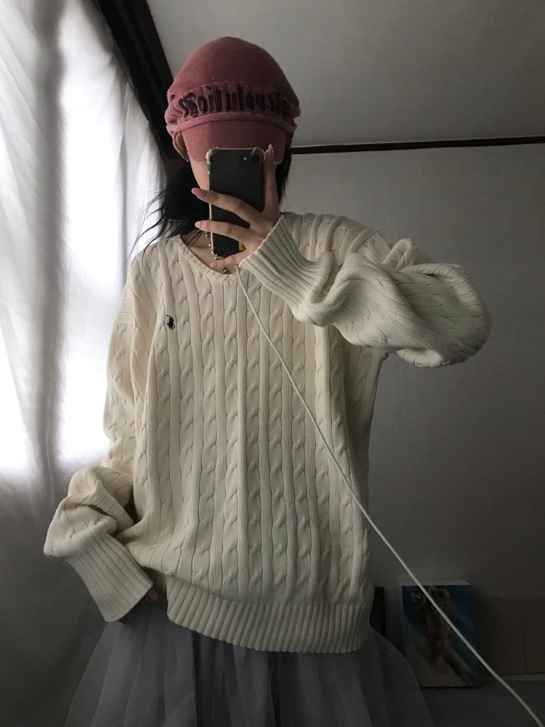 폴로 아이보리 브이넥 케이블 니트 상품이미지3