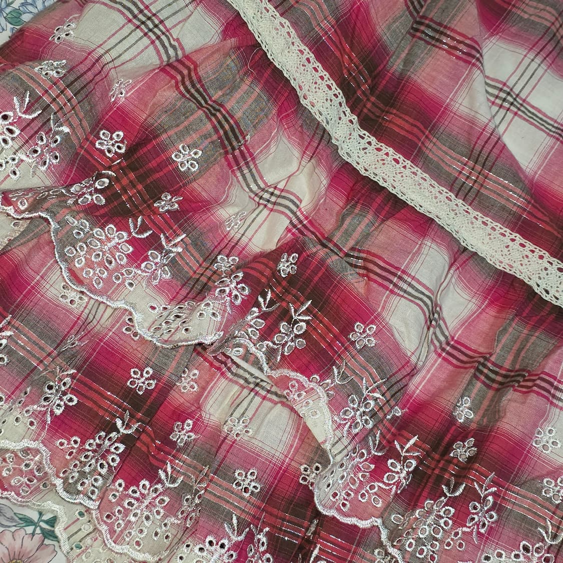 세실맥비 일본빈티지)패치워크st 체크 핑크 캉캉 레이스 밴딩 롱스커트 상품이미지2