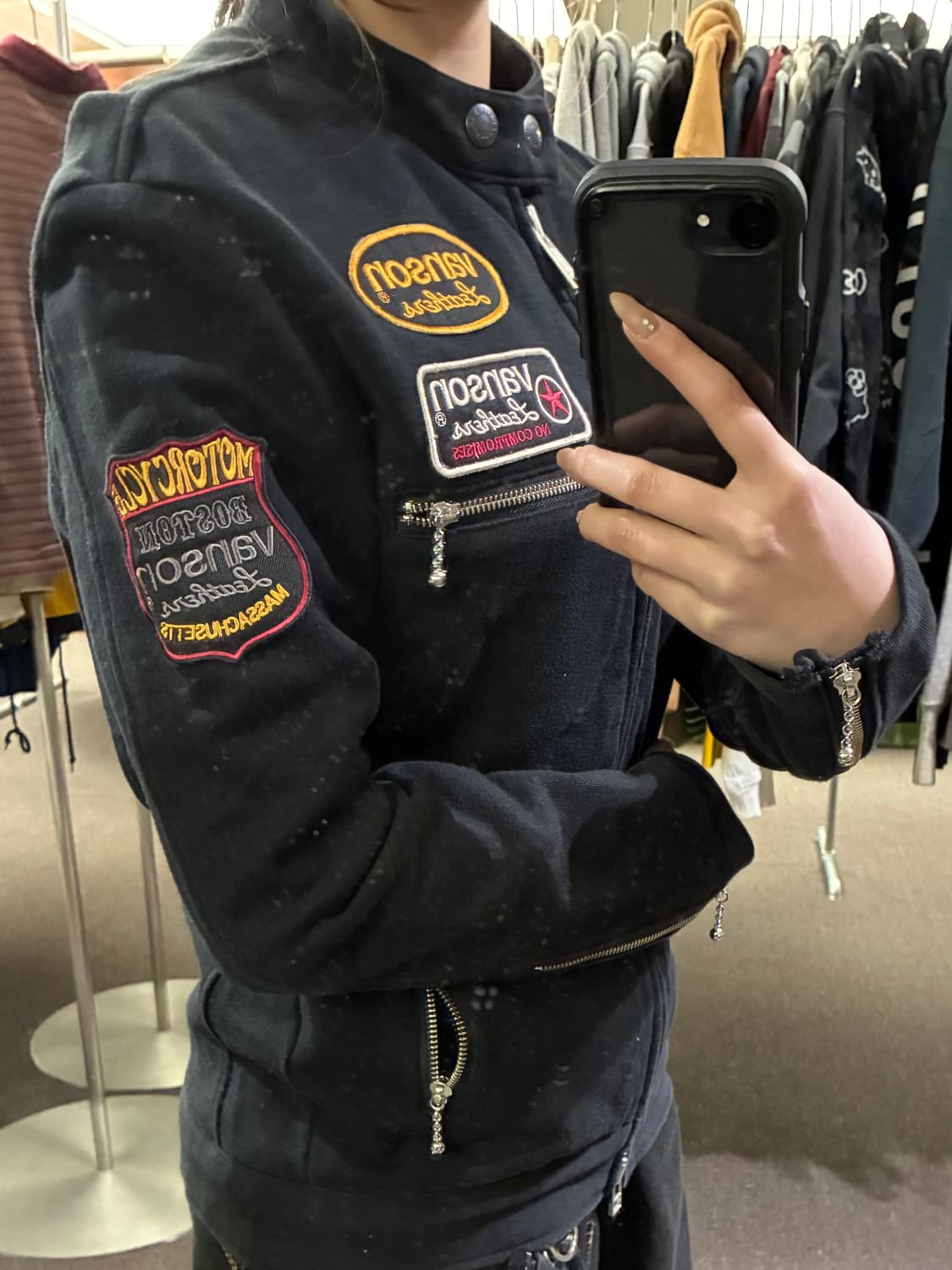 S)밴슨 레더 빈티지 자수 스타 패치 바이커 자켓 상품이미지3