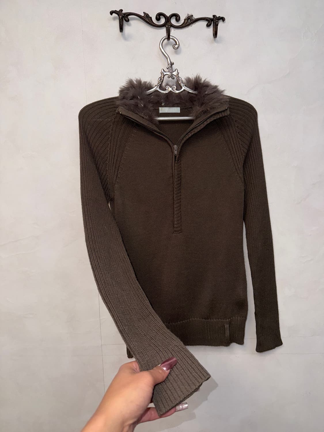 Brown rabbit fur trimming zipup knit 상품이미지4