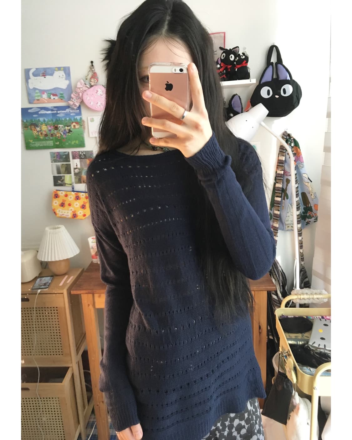 vintage punching hole loose knit navy 상품이미지2