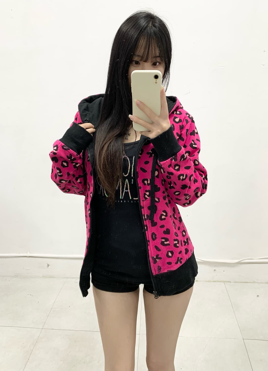 갸루 핑크 레오파드 리버시블 후드집업 상품이미지3