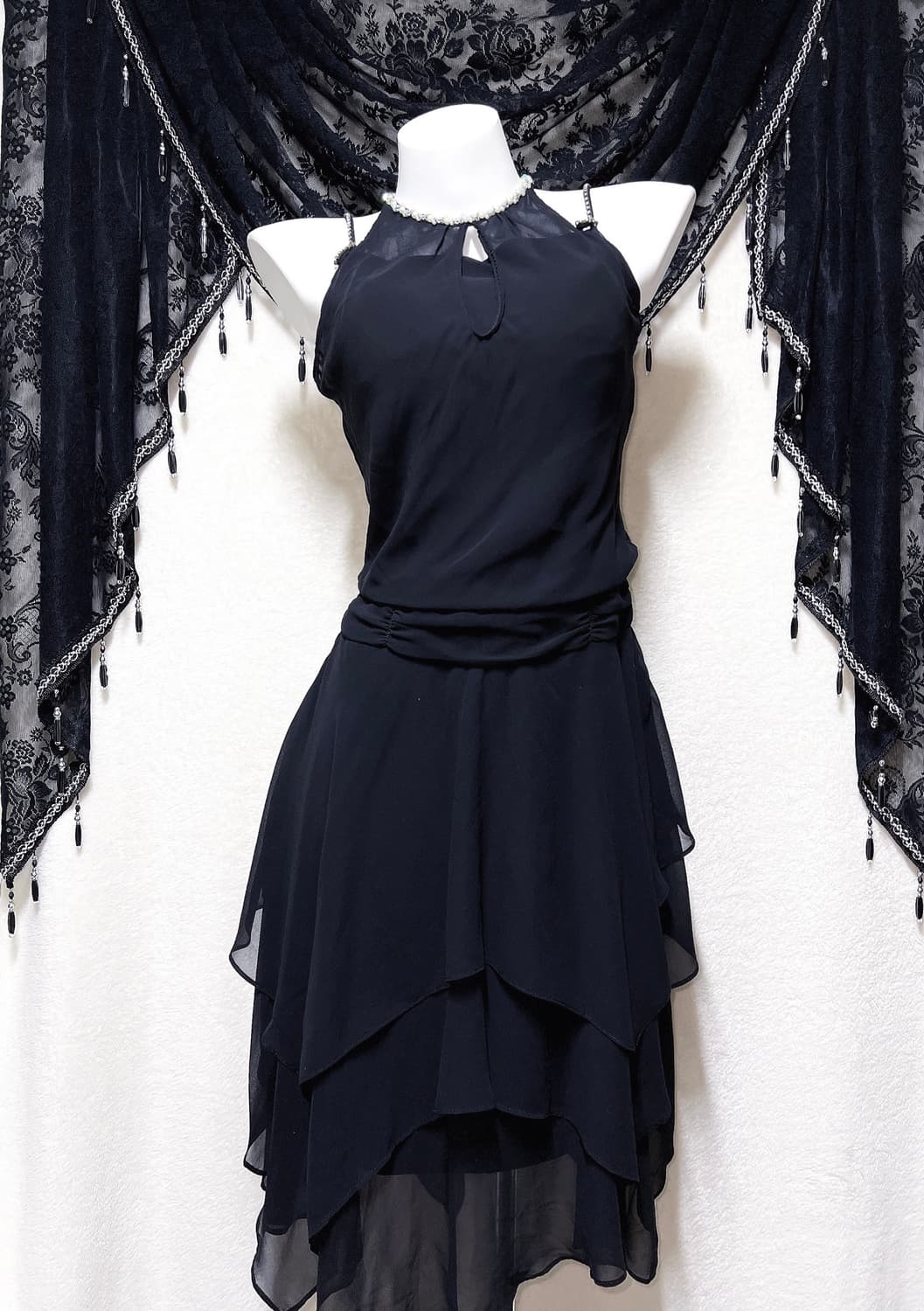 로맨틱고딕 고스 갸루 비즈 홀터넥 나시 언발 쉬폰원피스 파티드레스 연말 상품이미지8