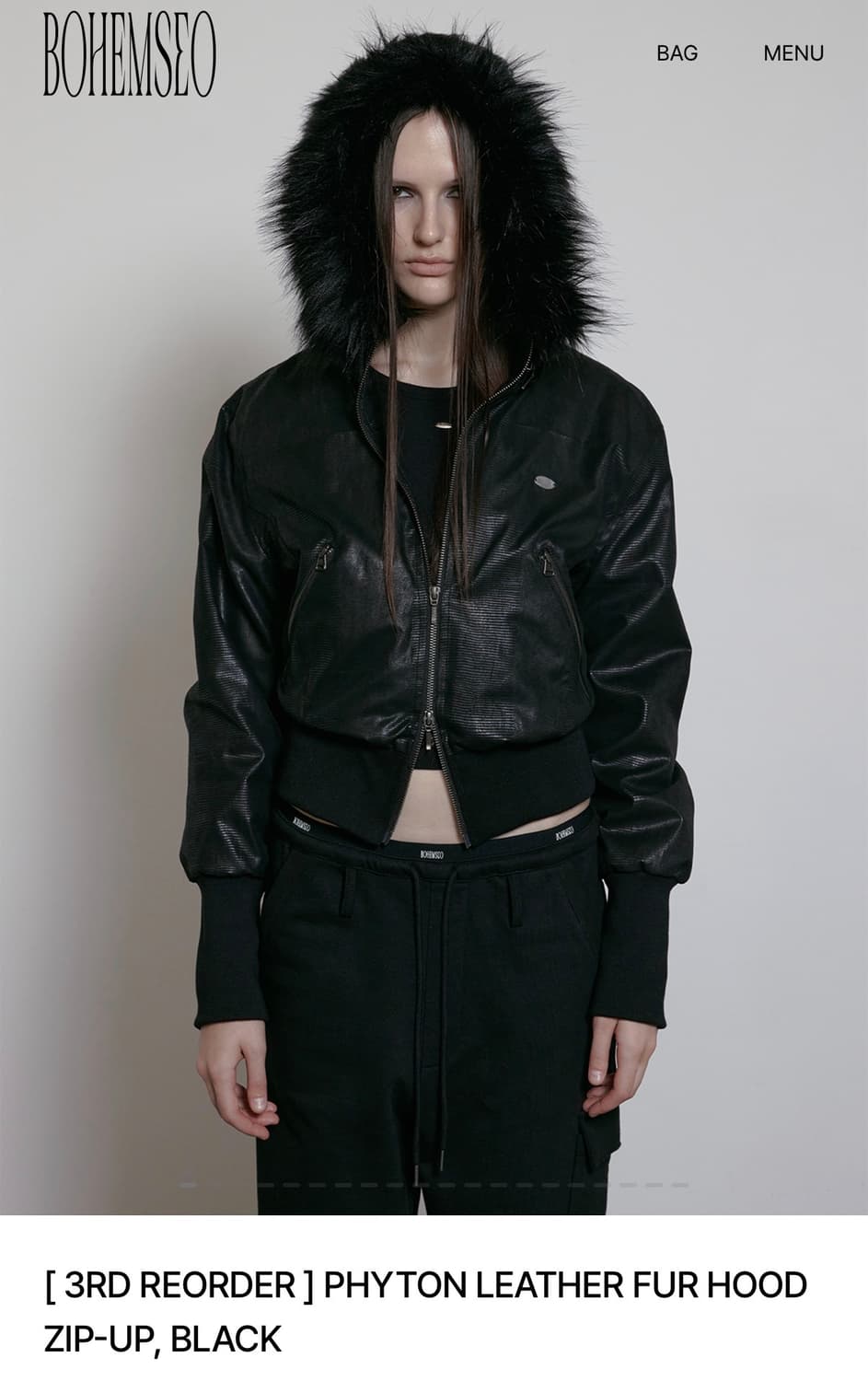 PHYTON LEATHER FUR HOOD ZIP-UP, BLACK 상품이미지1