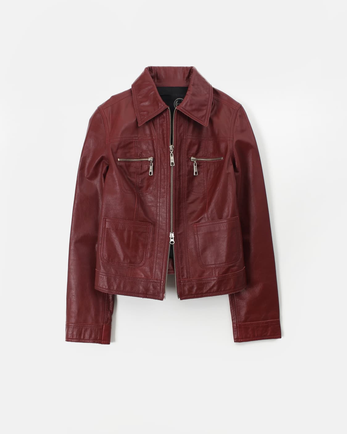 PZA 빈티지 버건디 레드 리얼 가죽 지퍼 크롭 자켓 상품이미지1