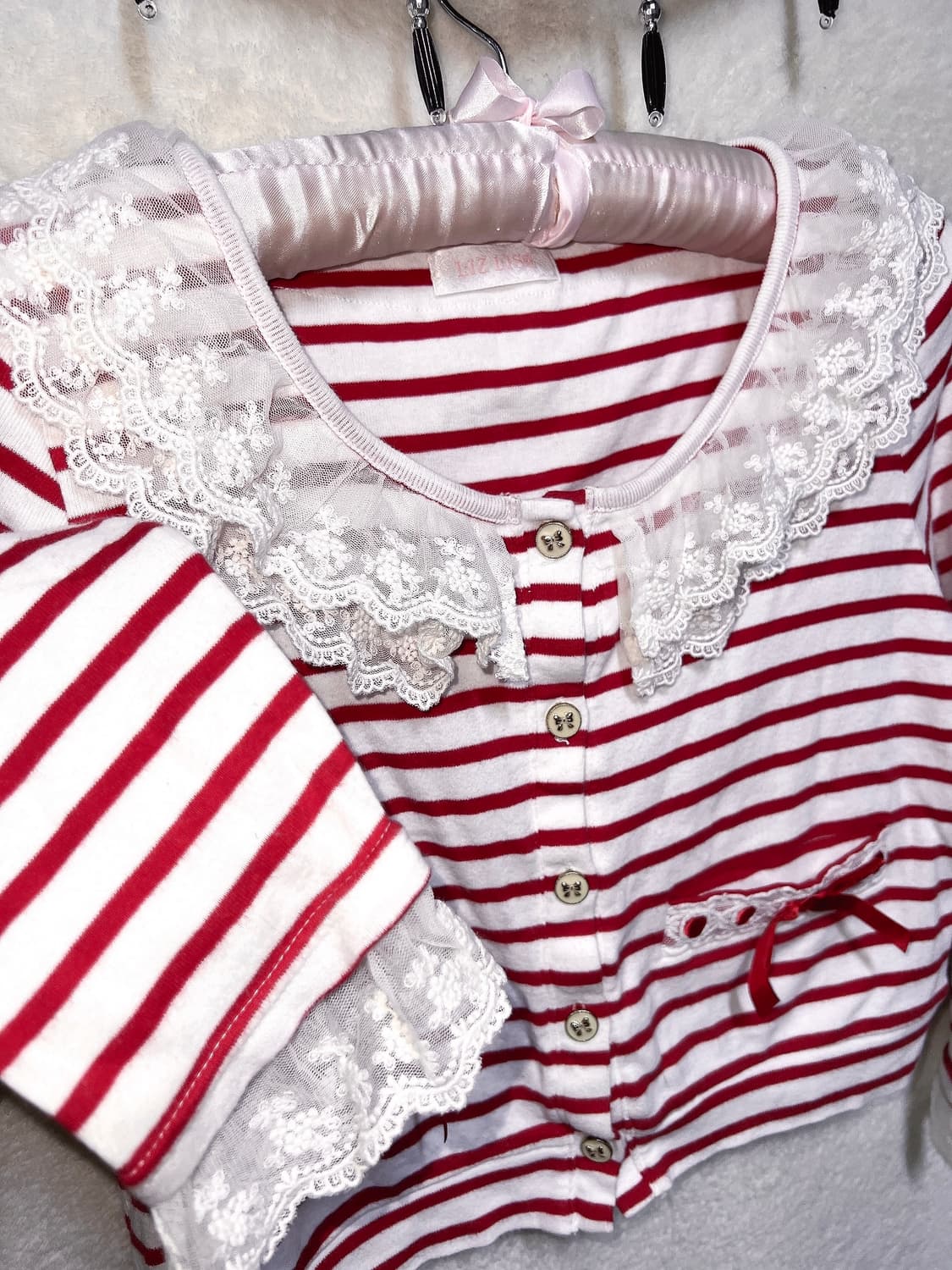 리즈리사 스트라이프 리본 프릴 레이스 가디건 러블리 히메갸루 라떼 핀터  상품이미지8