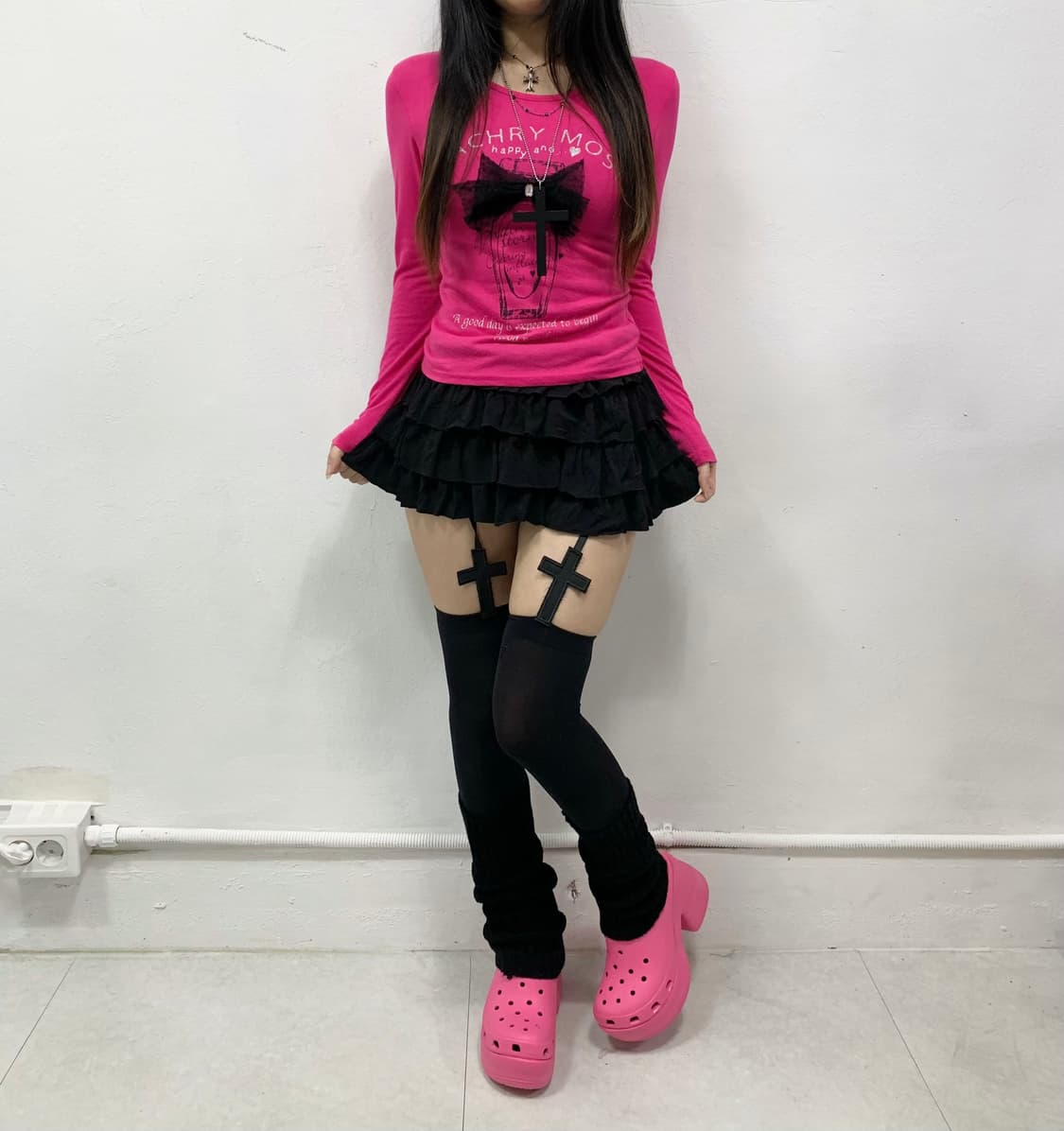 [SOSPITO] 갸루 도트 리본 핑크 롱슬리브 상품이미지2