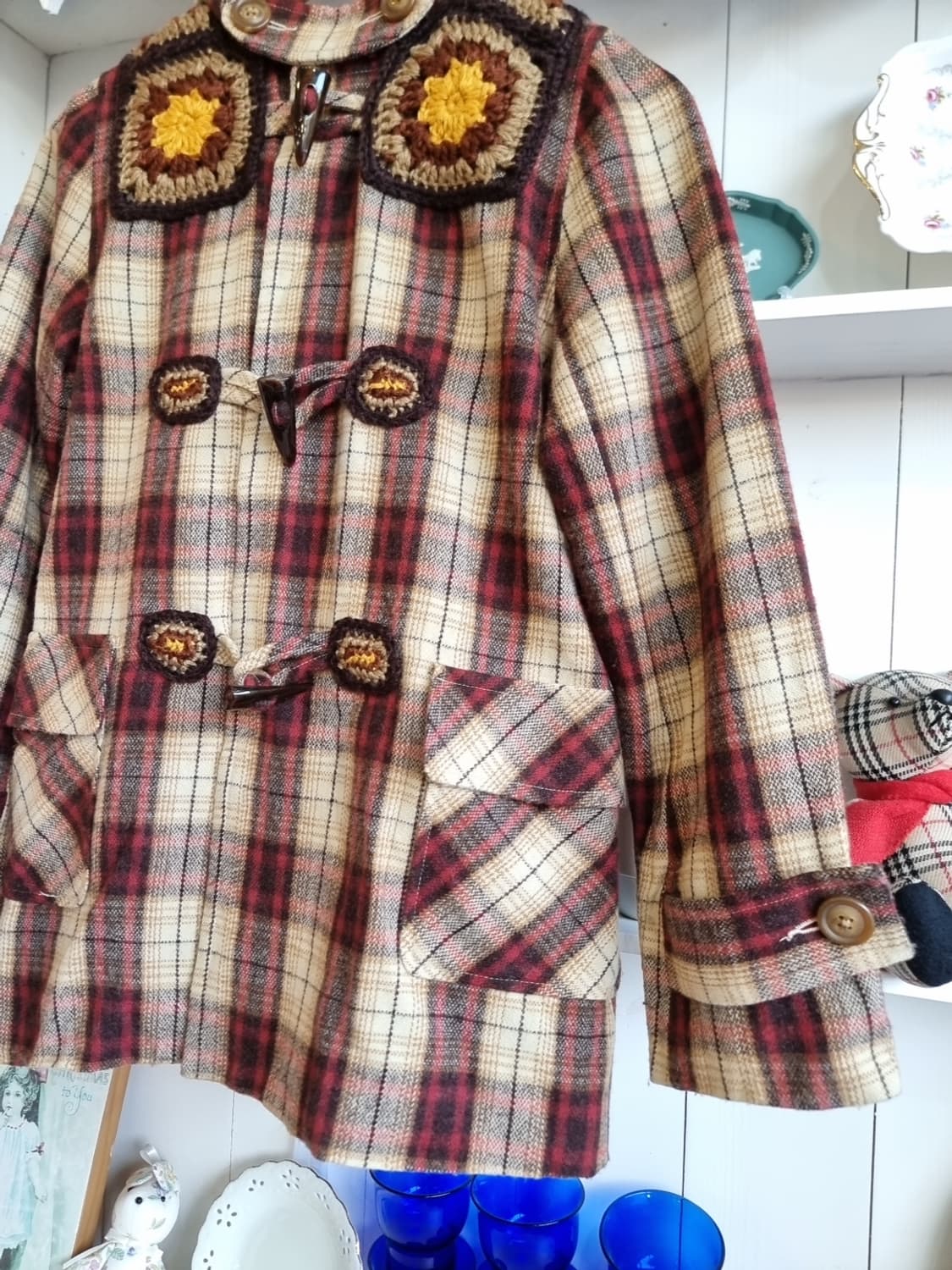 빈티지 체크 니트 디테일 더플 코트 상품이미지3