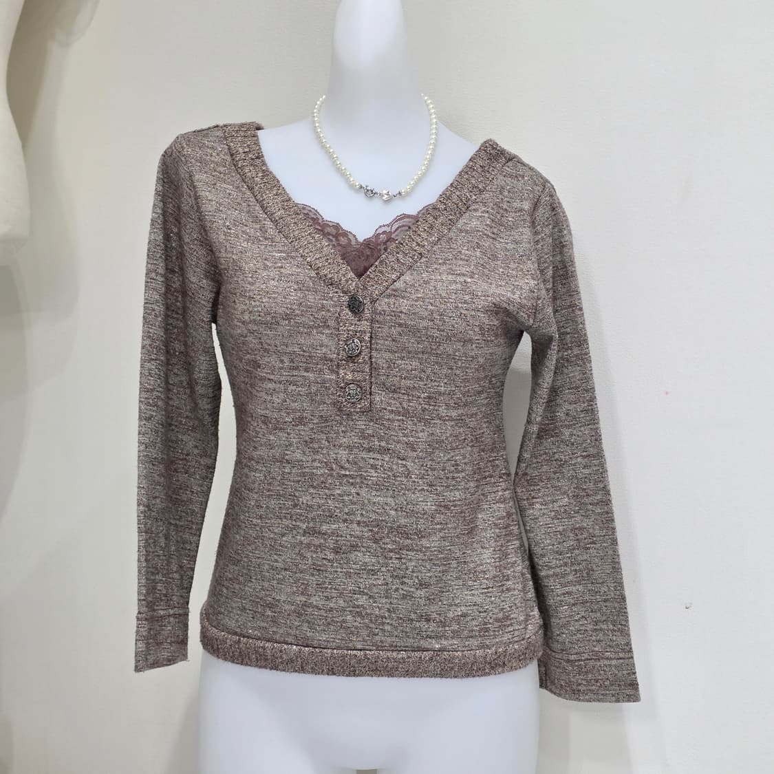 일본빈티지)브라운 모리걸 레이어드 레이스 메탈글리터너드걸 니트롱슬리브 상품이미지3