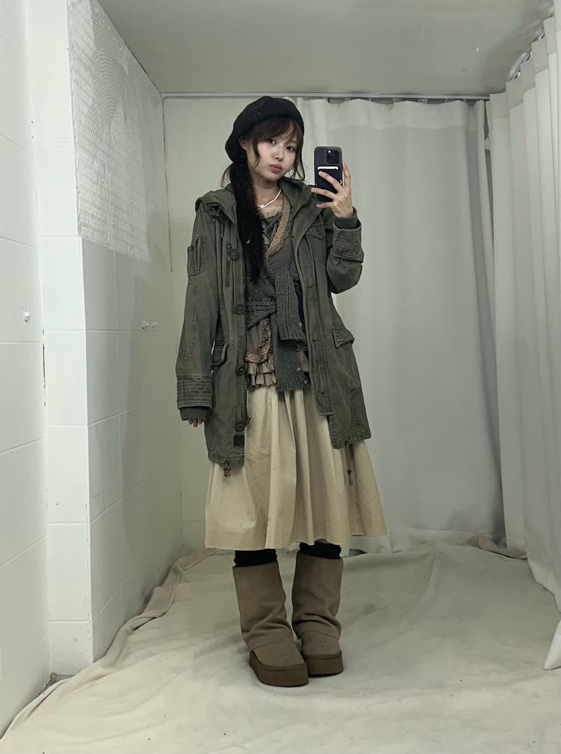 카키 그런지 히피모리 야상 코디세트 상품이미지1