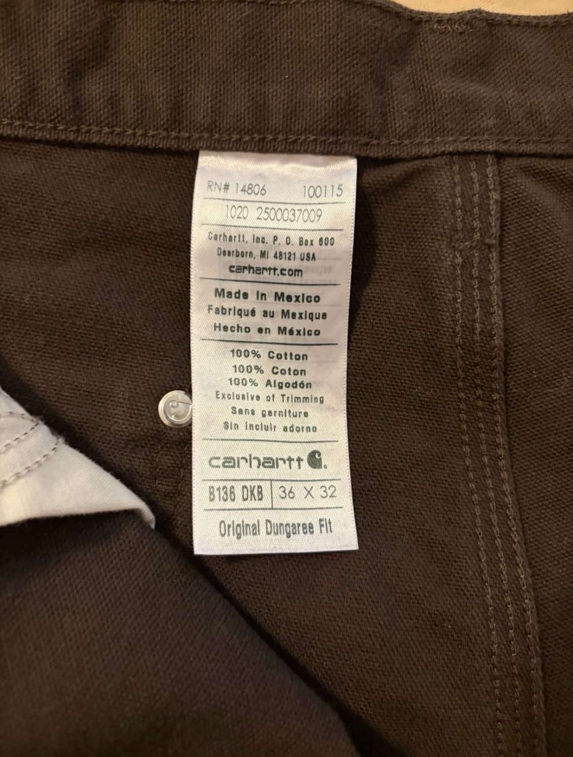 칼하트 더블니 36x32 브라운 덕 캔버스 덩가리핏 상품이미지3