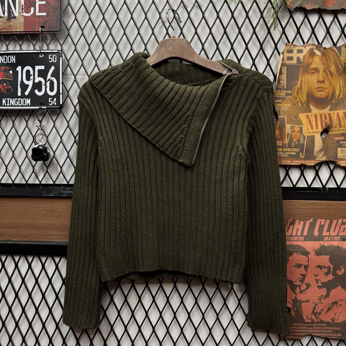 00s 막스앤코 터틀넥 니트 집업 비대칭 집업 포인트 카키 상품이미지1