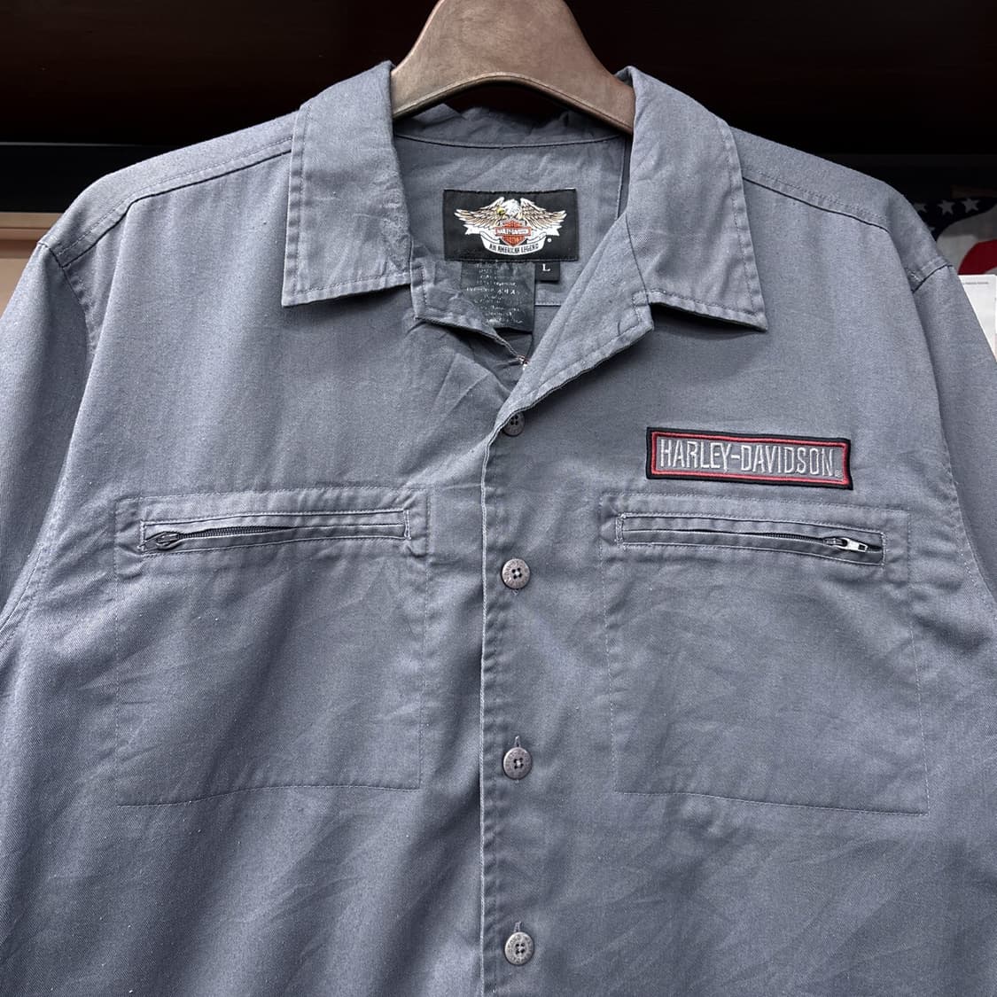 00s 할리데이비슨 레터링바 오픈윙 자수 지퍼포켓 개러지셔츠 N1185 상품이미지3