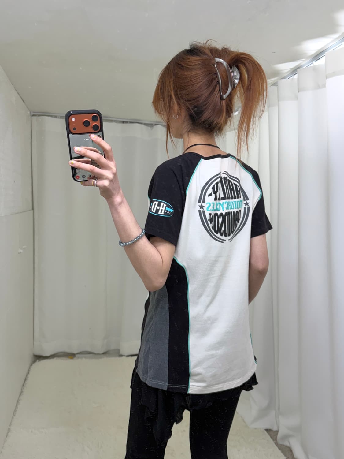 (상의 세트) 할리데이비슨 컬러 배색 반집업 반팔 + 그린 레이스 나시 상품이미지2