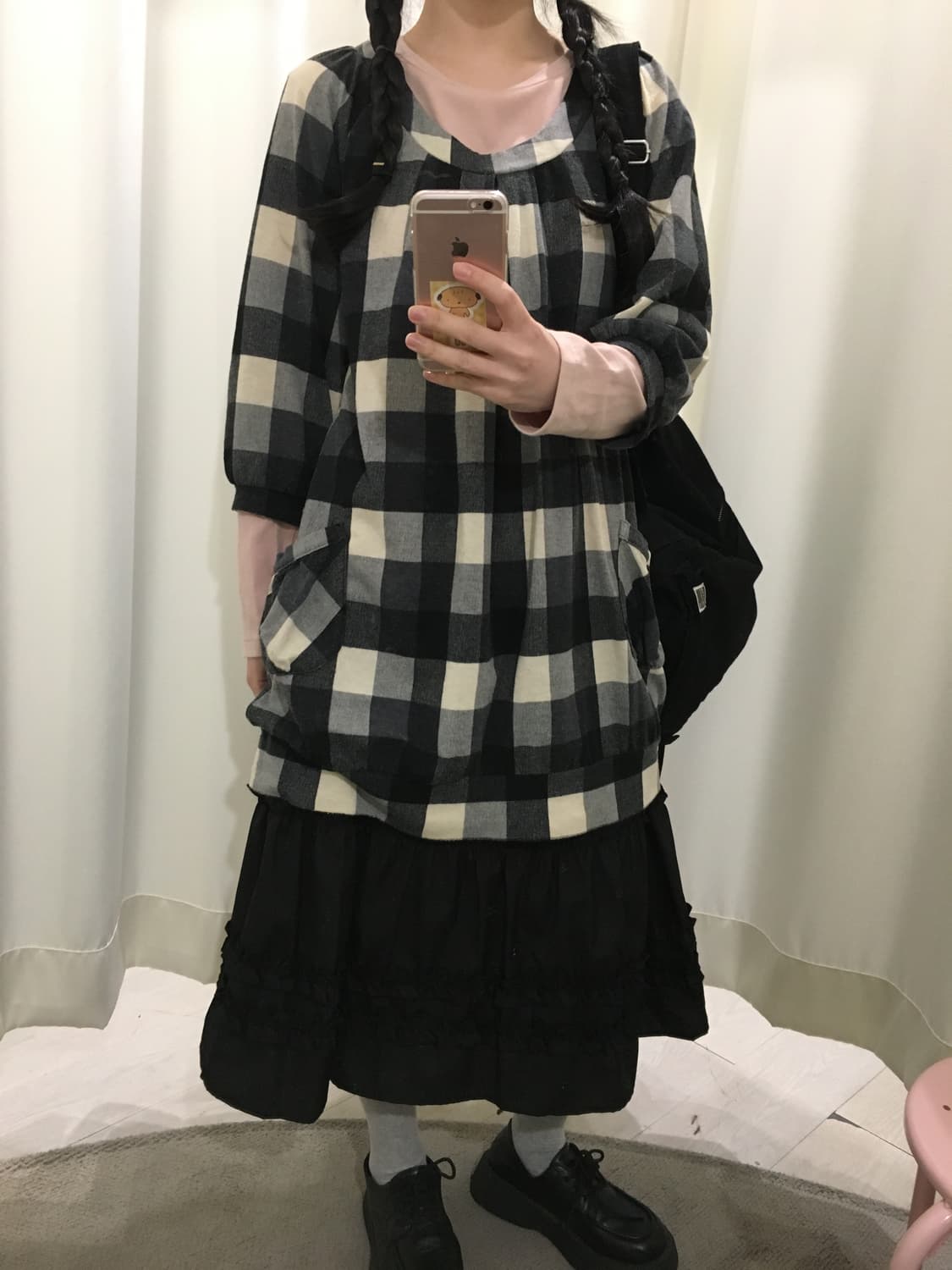 깅엄 체크 미디 원피스 상품이미지5