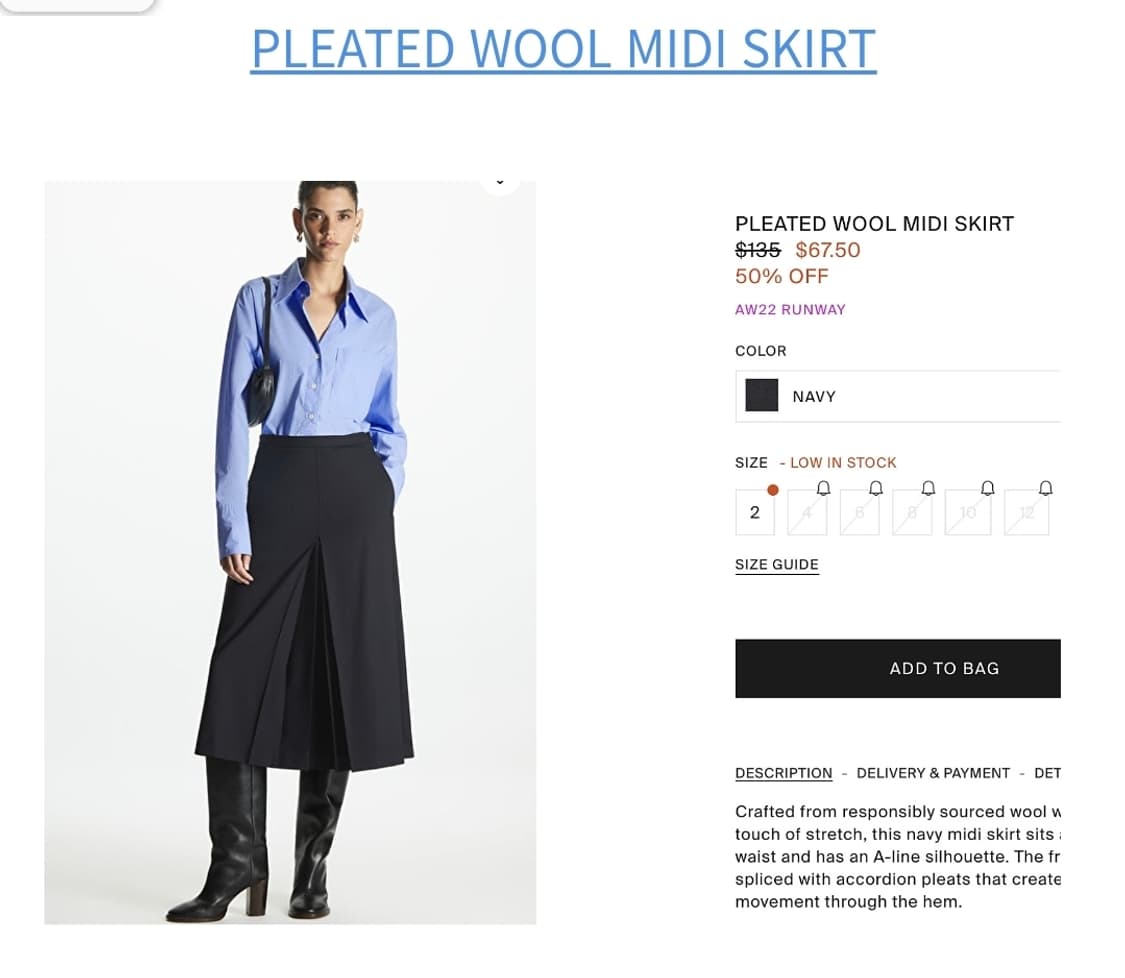 COS 플래티드 플리츠 울 미디 스커트 Eur34 상품이미지9