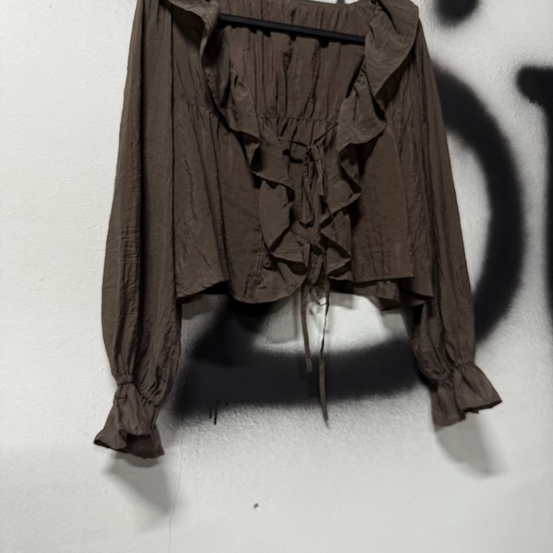 VTG 빈티지 브라운 러플 레이스 셔링 리본 크롭 가디건 상품이미지4