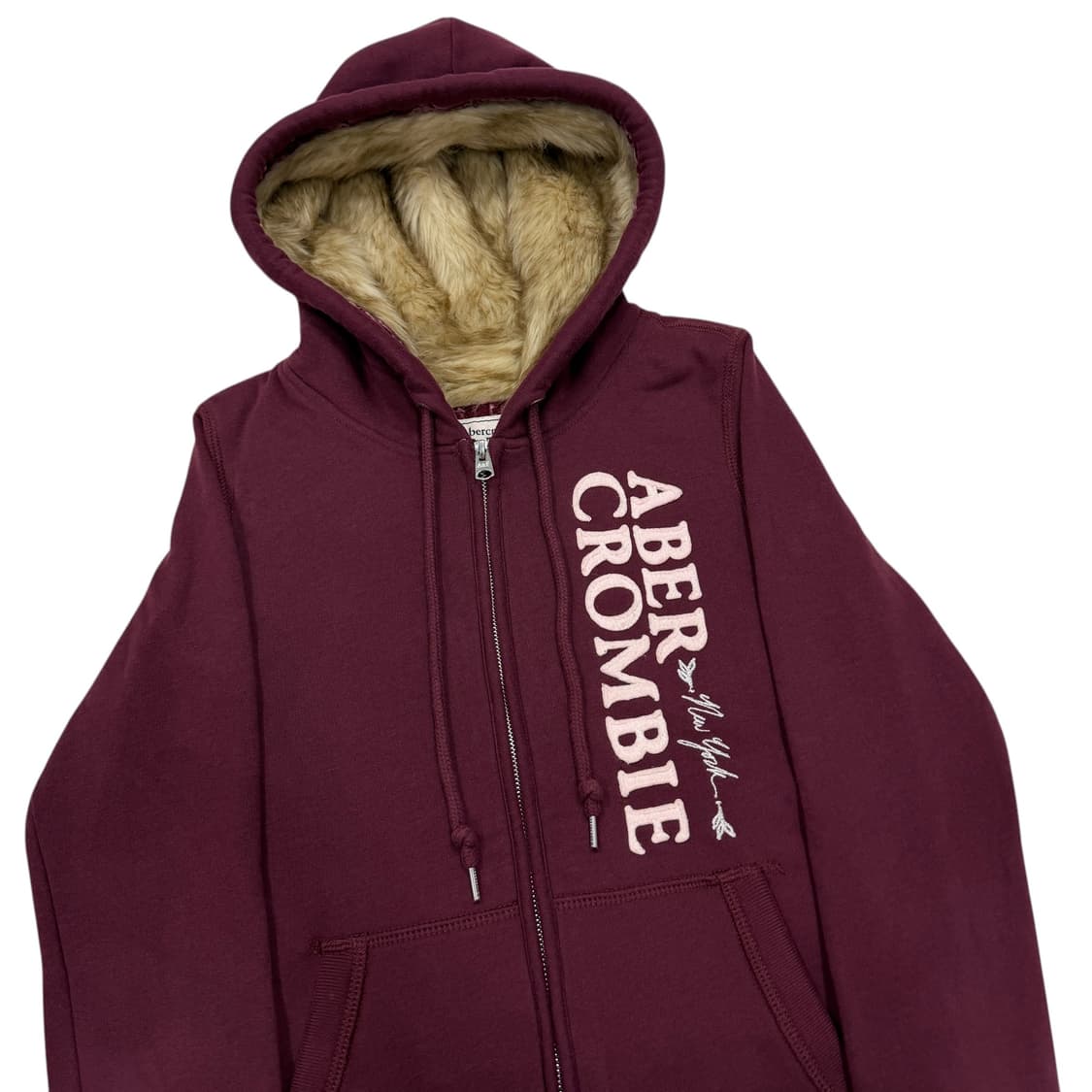 아베크롬비 빈티지 희귀 Y2K 딱붙핏 퍼 후드집업 자켓 버건디 레드 S 상품이미지2