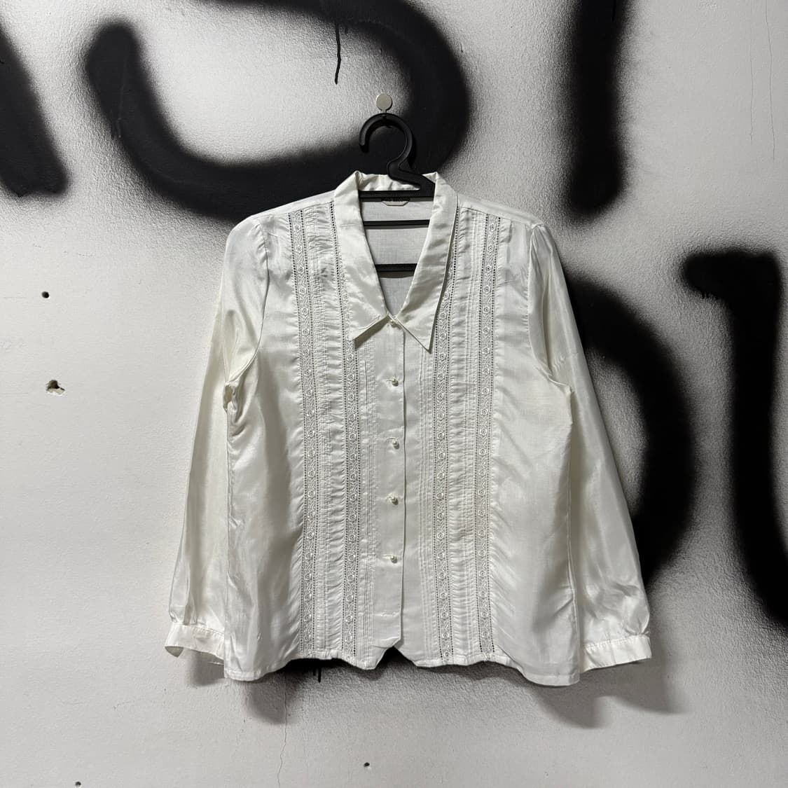 VTG 빈티지 앤틱 화이트 새틴 레이스 핀턱 블라우스 셔츠 상품이미지1