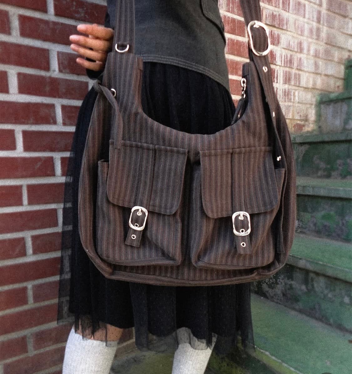 빈티지 브라운 스트라이프 토트백 상품이미지1