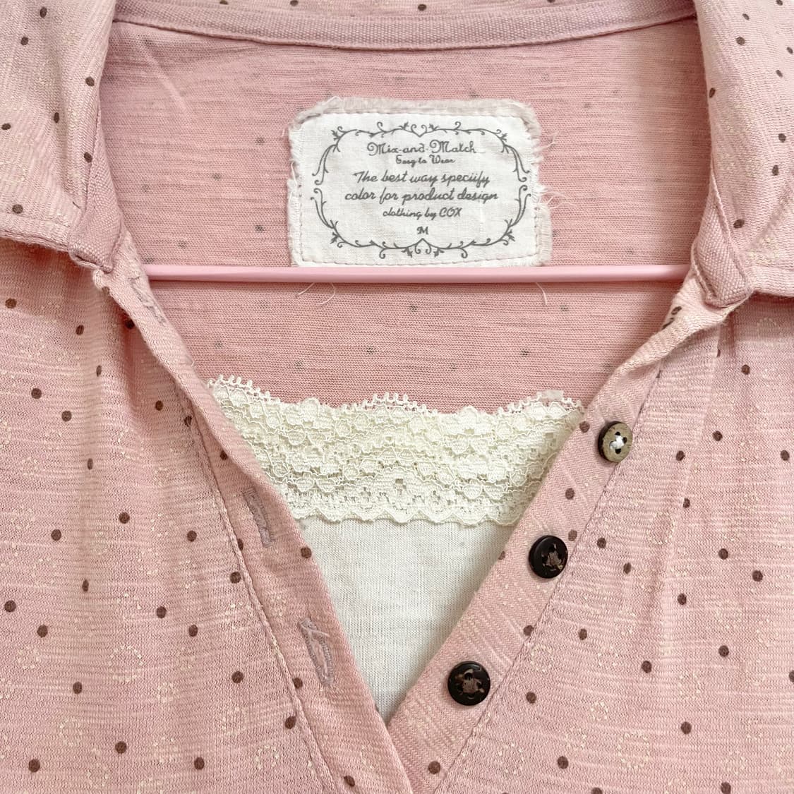 일본빈티지 너드 모리깔 핑크 도트 레어이드탑 러블리히메 도트탑 도트반팔 상품이미지6