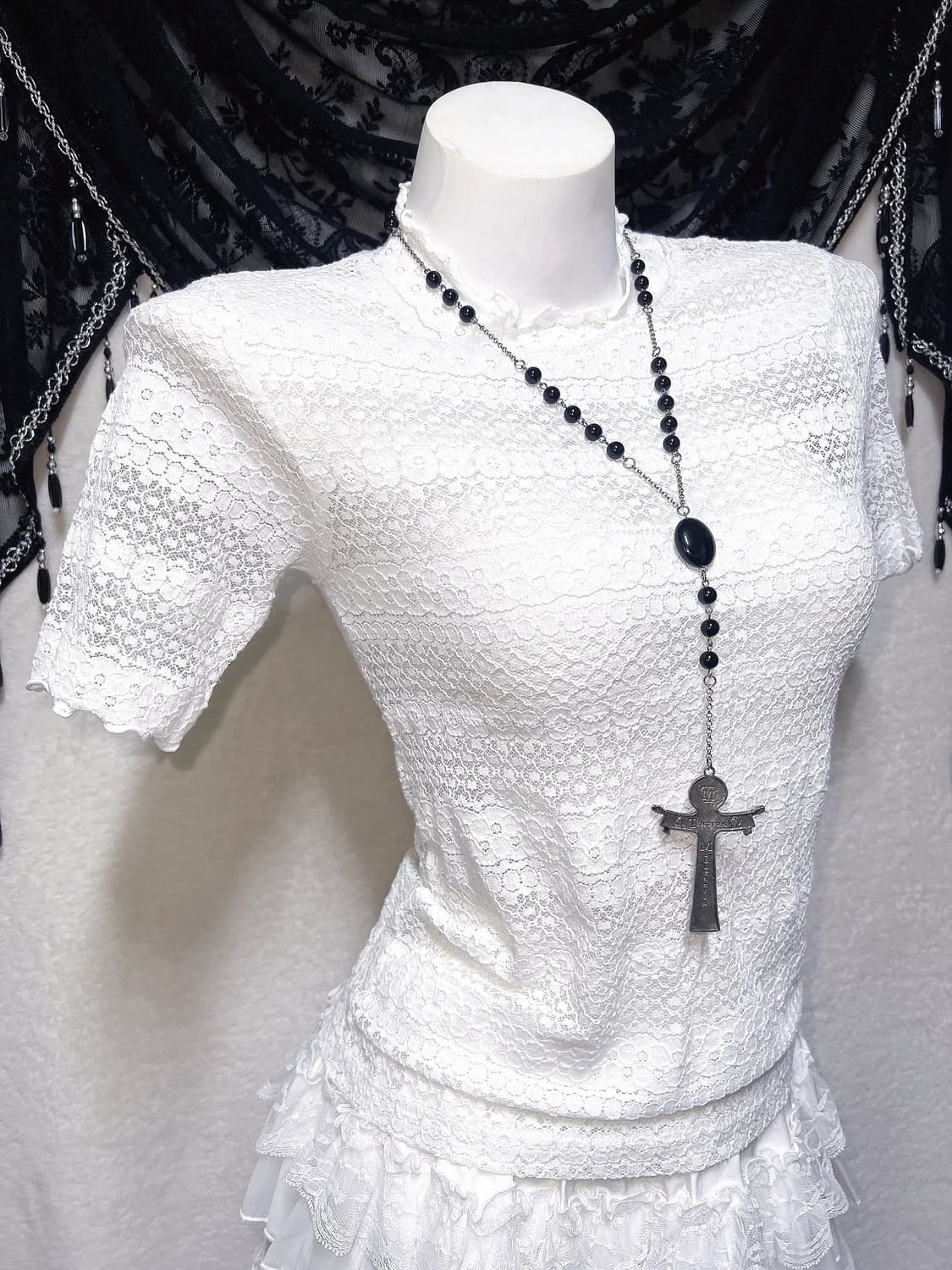 로맨틱고딕 엔젤릭 고스로리타 화이트 레이스 시스루 블라우스 로걀탑 핀터 상품이미지1