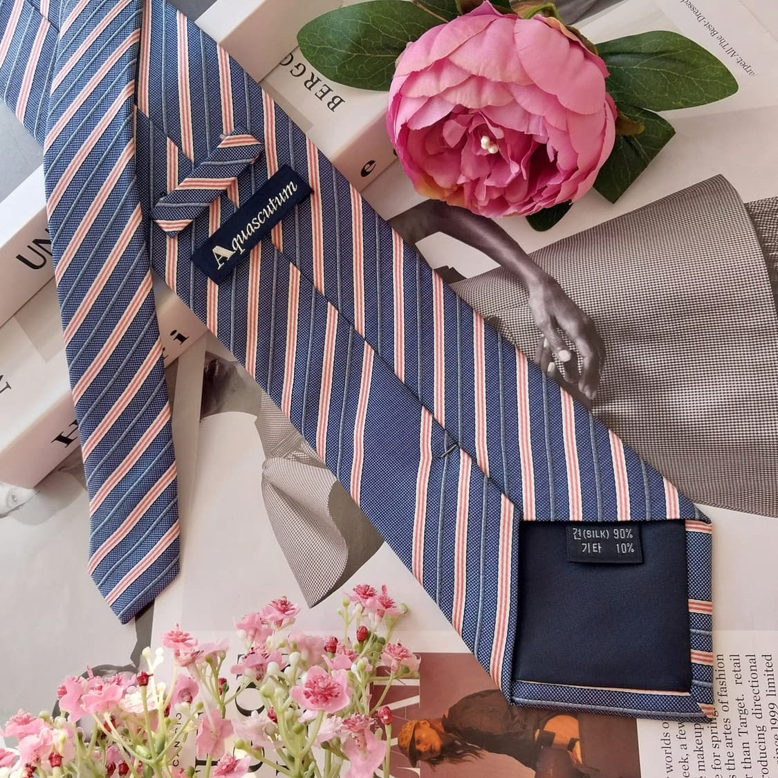 아쿠아스큐텀 블루 스트라이프 넥타이 9.2cm S~A+등급 K2506 상품이미지5