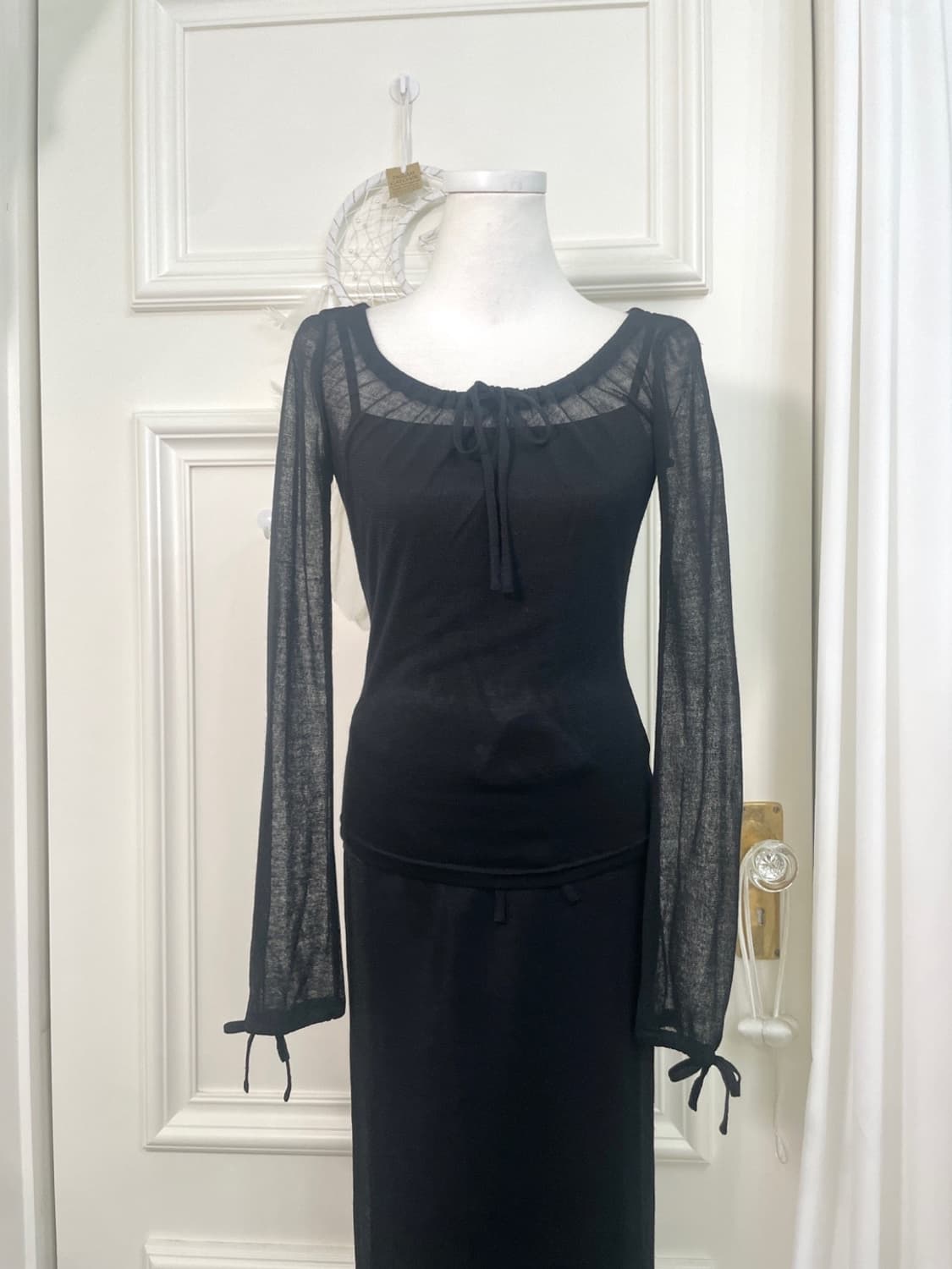 black sheer shirring bow top&skirt set 상품이미지5