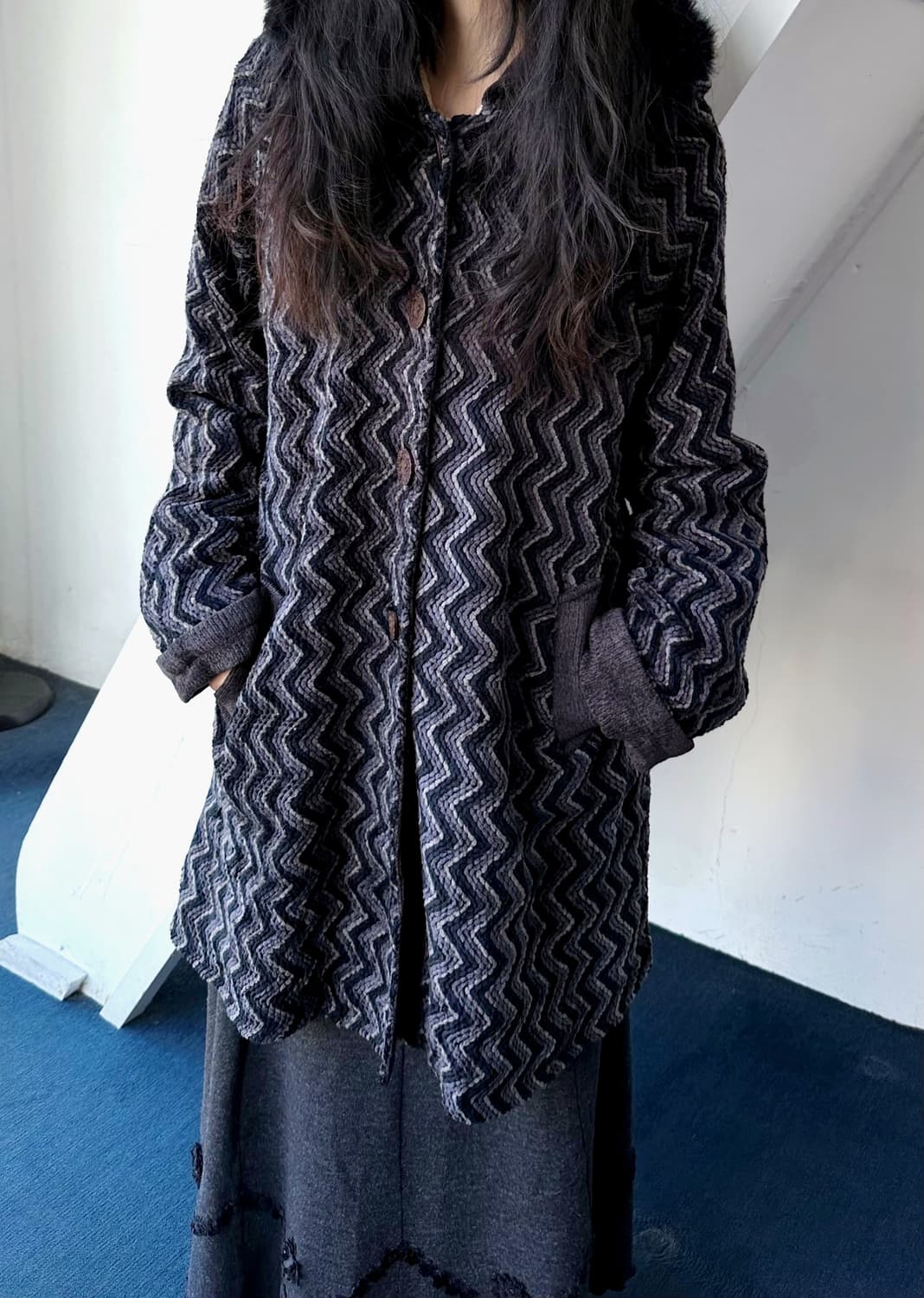 Design knitted fabric 2way hood coat 상품이미지9