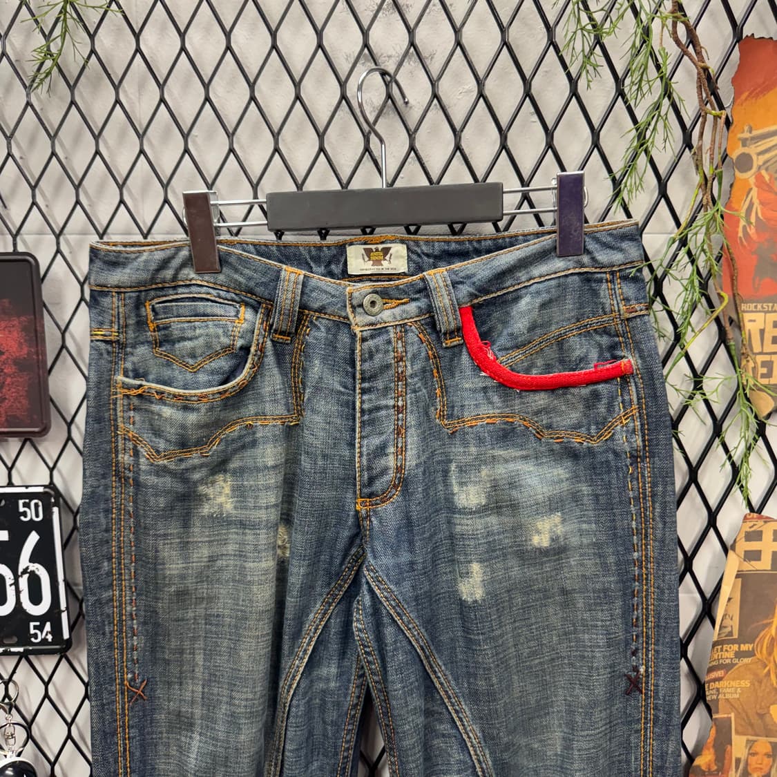 00s USA VINTAGE 데님 팬츠 후면 멀티컬러 자수 포인트 중청 상품이미지3
