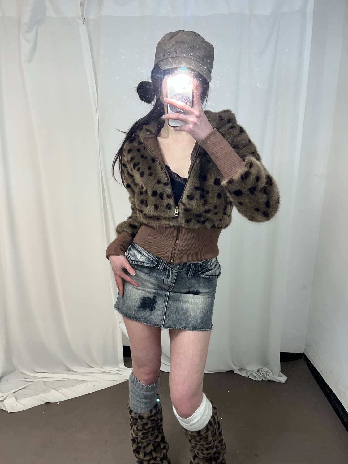 갸루 레오파드 퍼 후드집업  상품이미지1