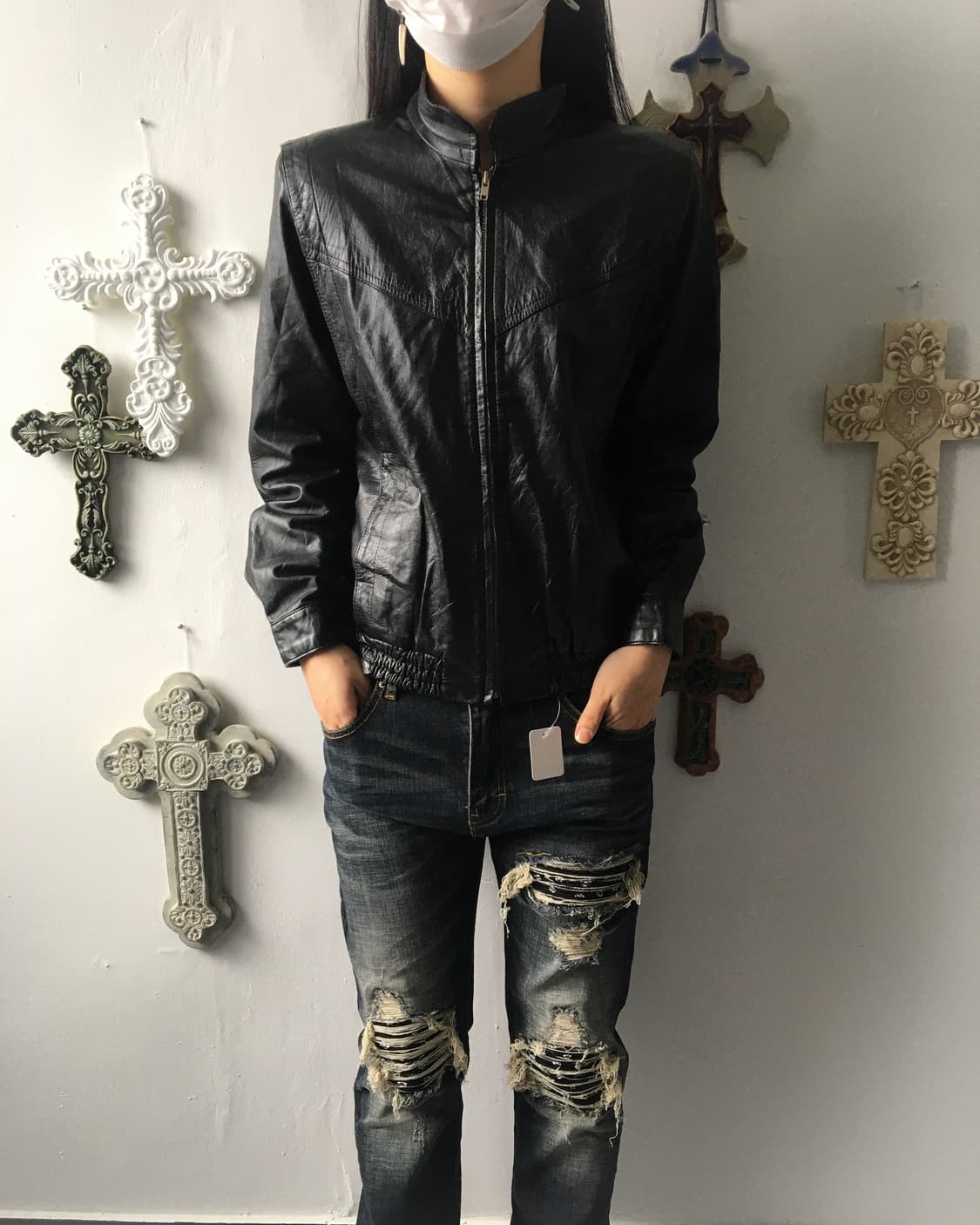 High neck leather jacket 상품이미지1