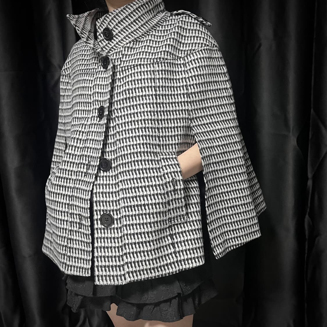 체크 울 혼방 케이프 코트 망토 모리걸 갸루 상품이미지3